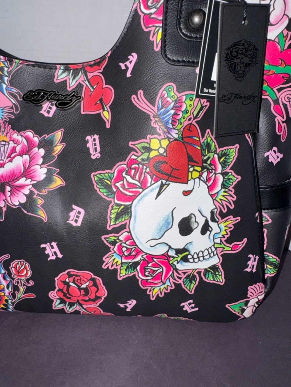 Ed Hardy Black Floral Skull Tote Bag - Pink Accents BNWT - Picture 2 of 11